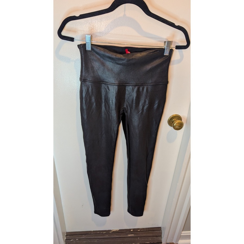 Spanx Leggings Large Petite Faux Leather Black High Rise‎ Stretch Support